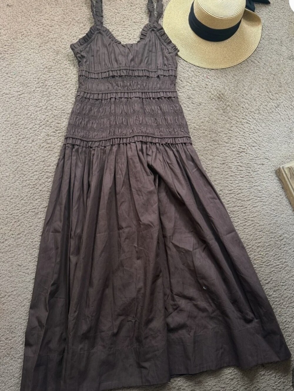 Caroline Constas Chocolate Brown Smocked Maxi Dress Size Large Cotton - Picture 3 of 13